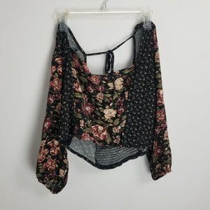 American Eagle Plus Size Dark Cottagecore Off Shoulder Peasant Top Tie Back